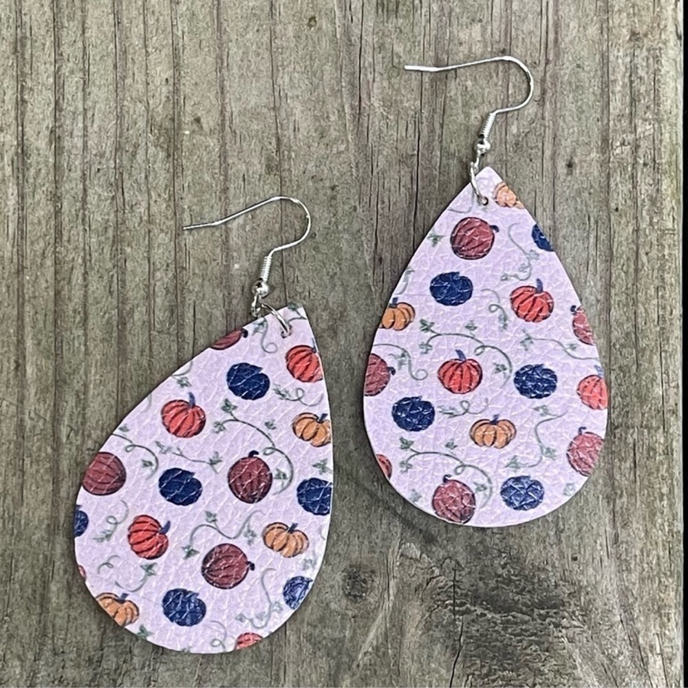 Faux Leather Teardrop Pumpkin Earrings, Orange, Brown, Purple, Silver